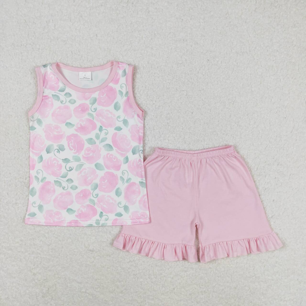 GSSO0975  Pink Flowers Top Ruffle Shorts Girls Summer Clothes Set