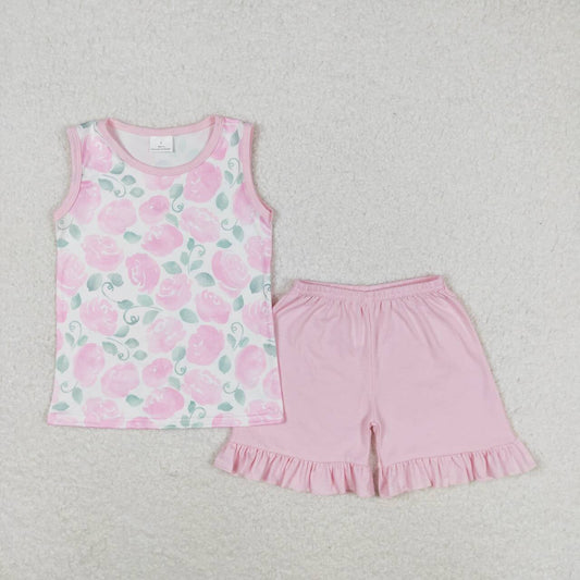 GSSO0975  Pink Flowers Top Ruffle Shorts Girls Summer Clothes Set