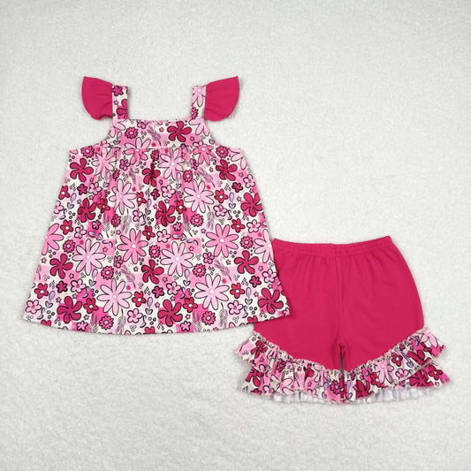 GSSO1005  Flowers Top Ruffle Shorts Girls Summer Clothes Set