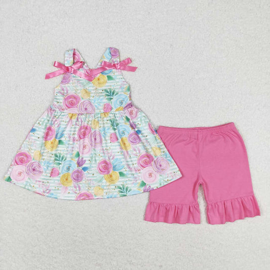 GSSO1007  Colorful Flowers Top Ruffle Shorts Girls Summer Clothes Set