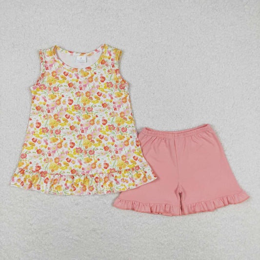 GSSO1135  Mustard Flowers Top Pink Shorts Girls Summer Clothes Set