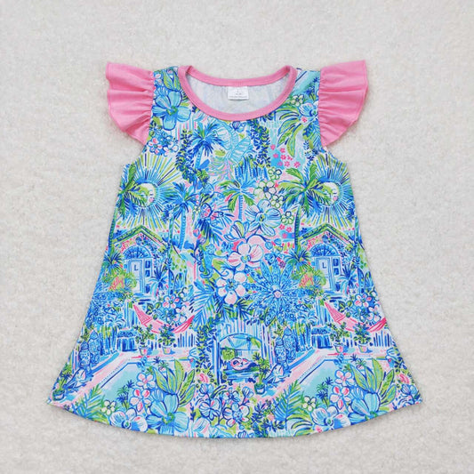 GT0563  Blue Flowers Print Girls Summer Tee Shirts Top