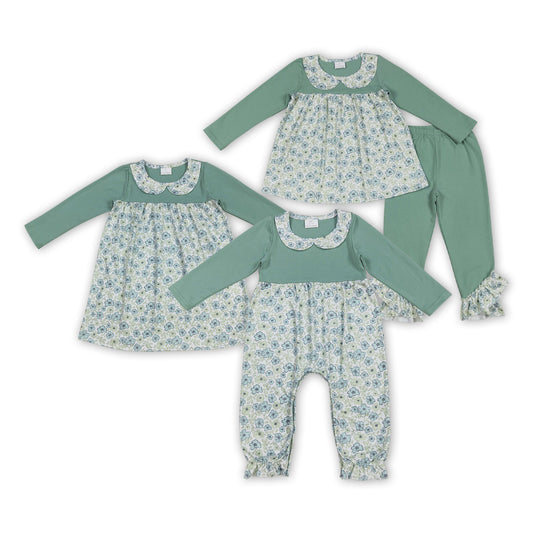Flowers Green Print Girls Fall Clothes Sisters Matching Wear