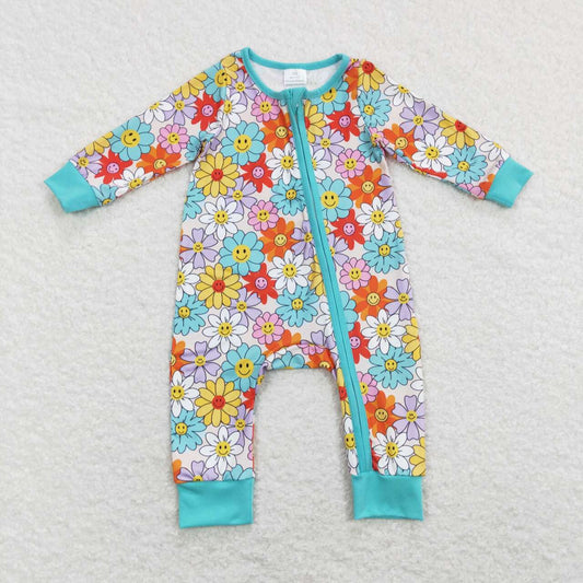LR0899  Colorful Flowers Smiling Face Print Baby Girls Zipper Romper