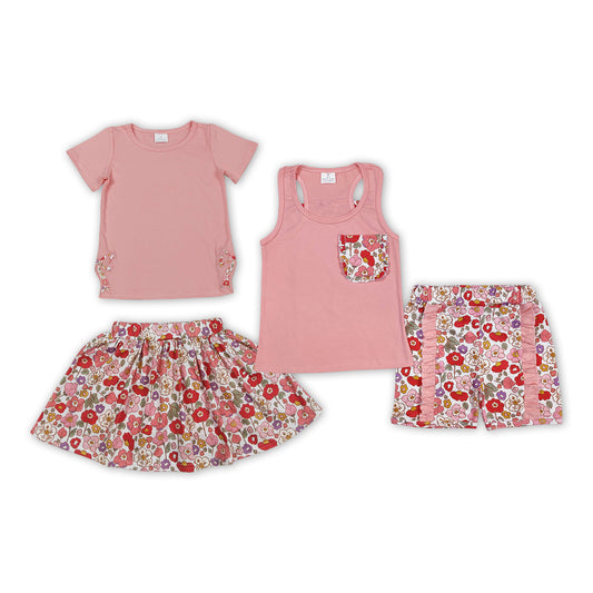 Pink Top Flowers Bottom Shorts Girls Summer Clothes Set Sisters Wear Outfits