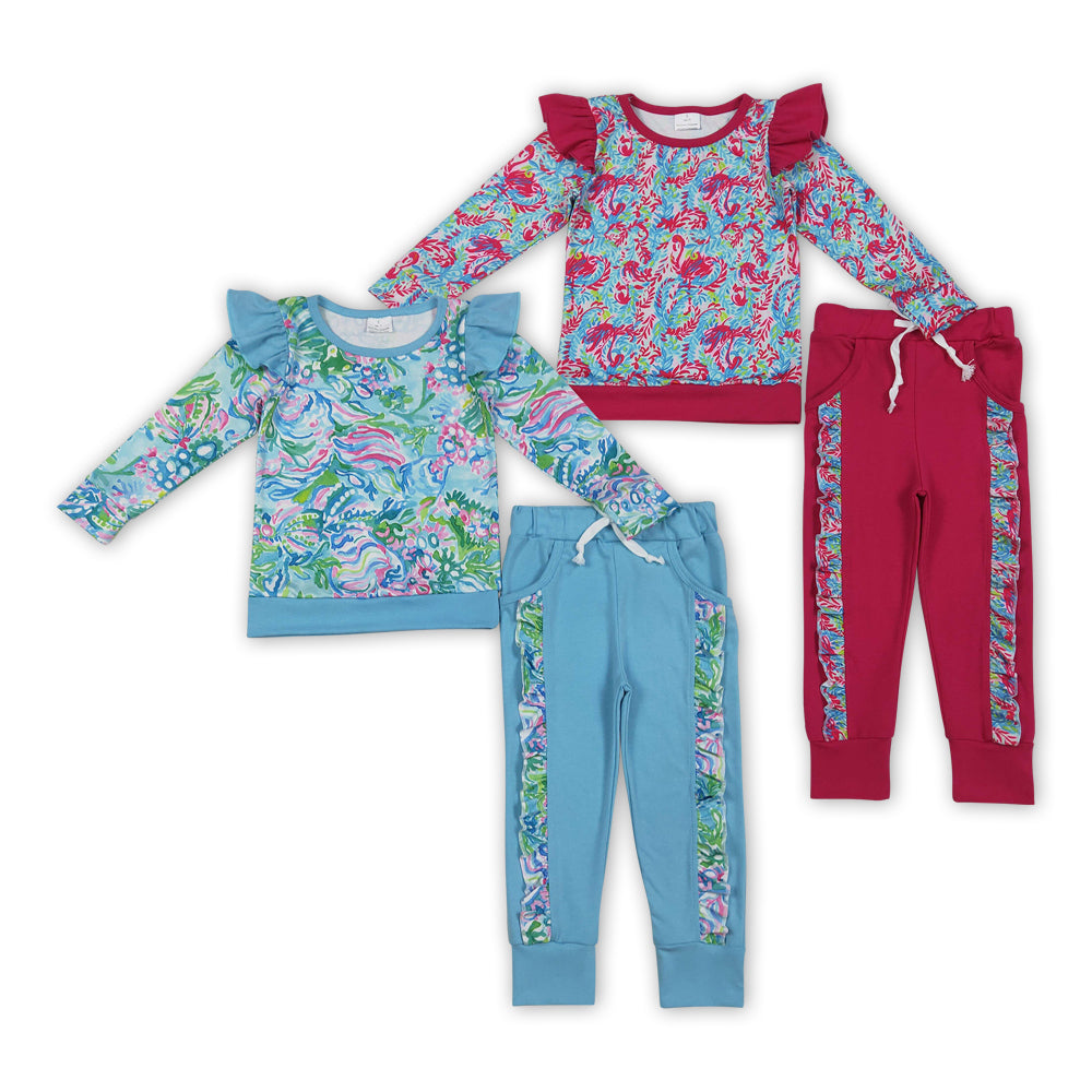 Flowers Print Top Pockets Ruffle Pants Girls Fall Clothes Sisters Wear