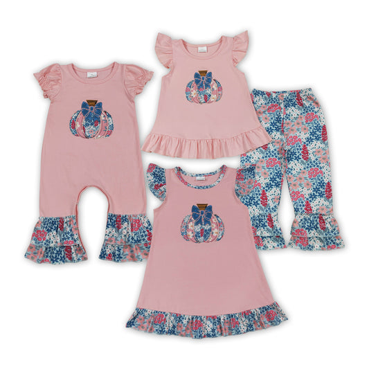 Flowers Pumpkin Bows Embroidery Pink Girls Fall Clothes Sisters Matching Wear