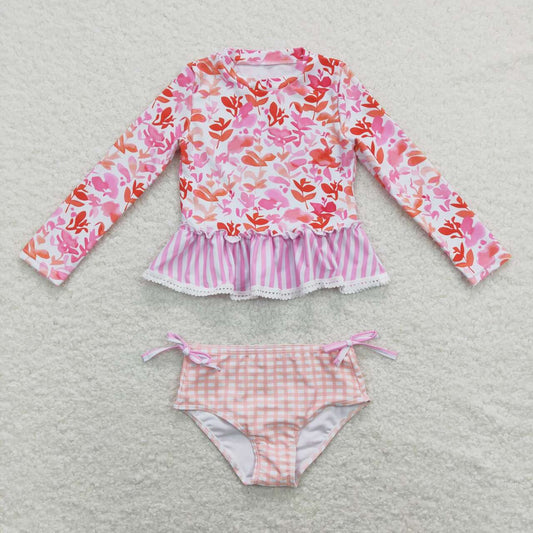 S0166 Girls Pink Flowers Print Ruffles 2 Pieces Long Sleeve Swimsuits