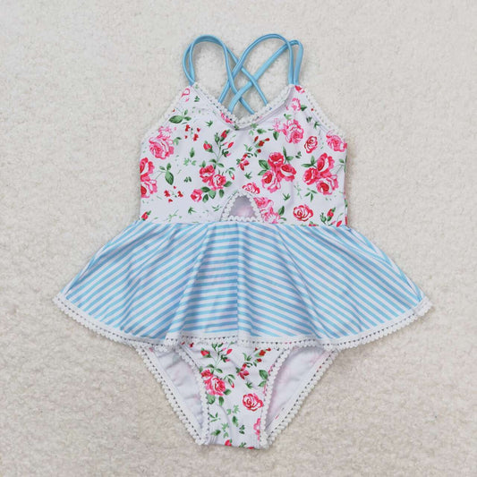 S0248 Girls Pink Blue Flowers Print 1 Piece Swimsuits