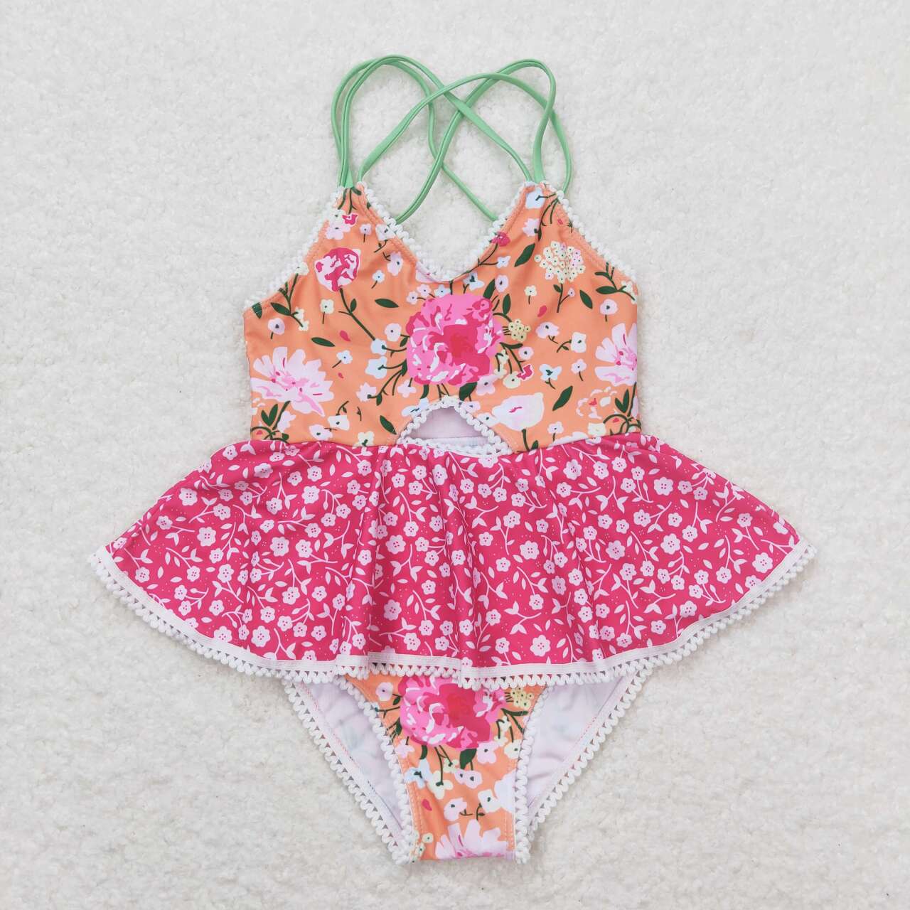 S0249 Girls Flowers Print 1 Piece Swimsuits