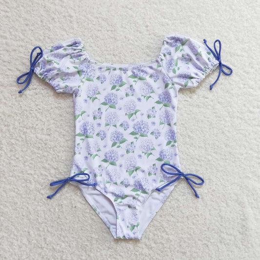 S0329 Purple Flowers Print Girls 1 Piece Swimsuits