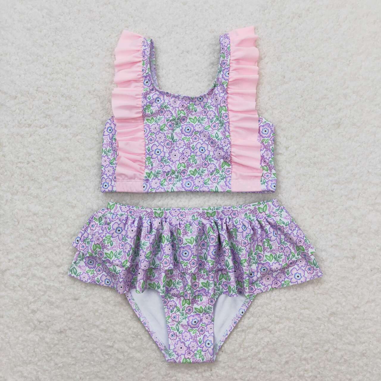 S0332 Pink Flowers Print Ruffles Girls 2 Pieces Swimsuits