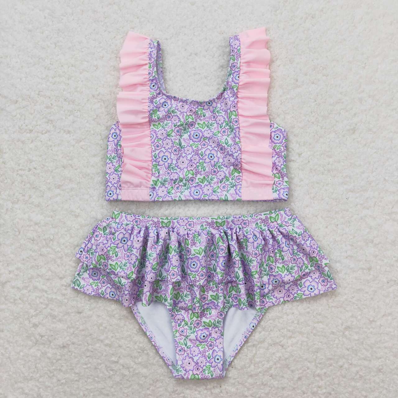 Pink Flowers Print Sister Summer Matching Swimsuits