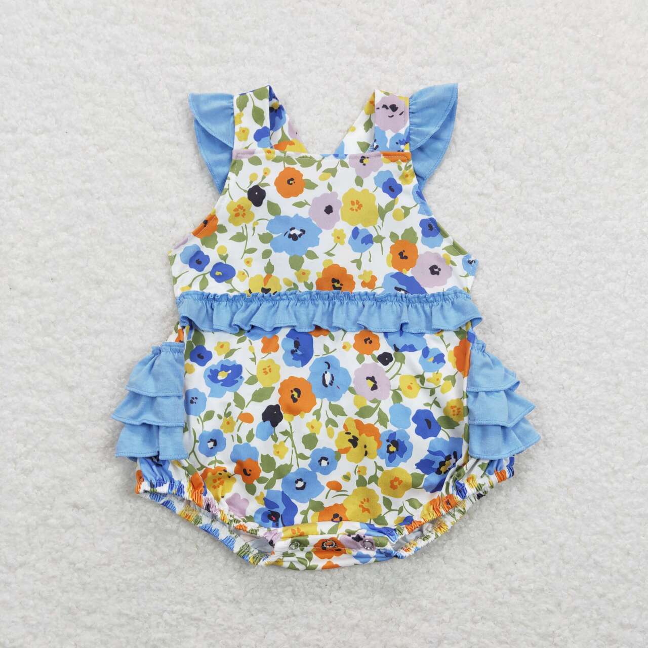 SR0824 Blue Flowers Print Baby Girls Summer Bubble Romper