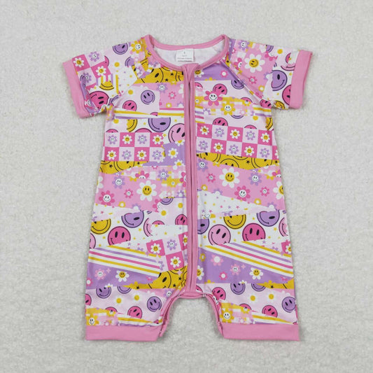 SR0968 Flowers Smiling Face Print Baby Girls Summer Zipper Romper