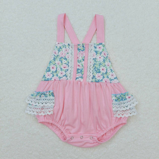 SR0986 Pink Flowers Print Baby Girls Summer Bubble Romper