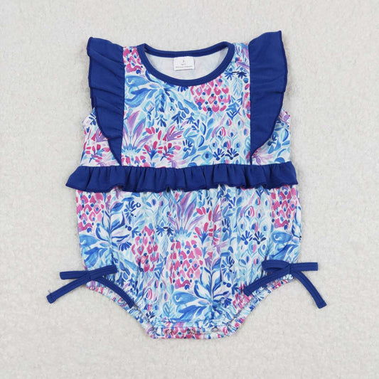 SR1033 Blue Flowers Print Baby Girls Summer Romper