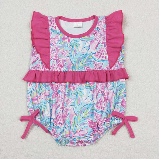 SR1035 Purple Flowers Print Baby Girls Summer Romper