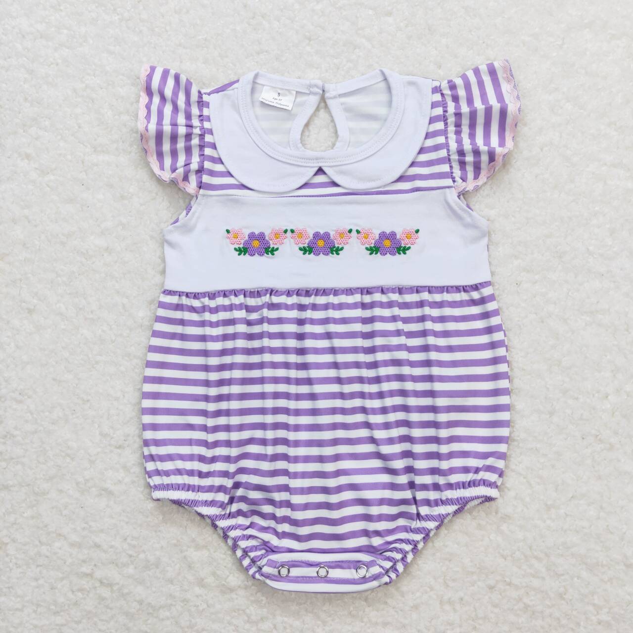 SR1051 Flowers Embroidery Purple Stripes Baby Girls Summer Romper