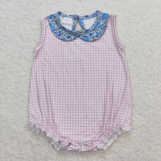 SR1087 Pink Plaid Flowers Print Baby Girls Summer Romper