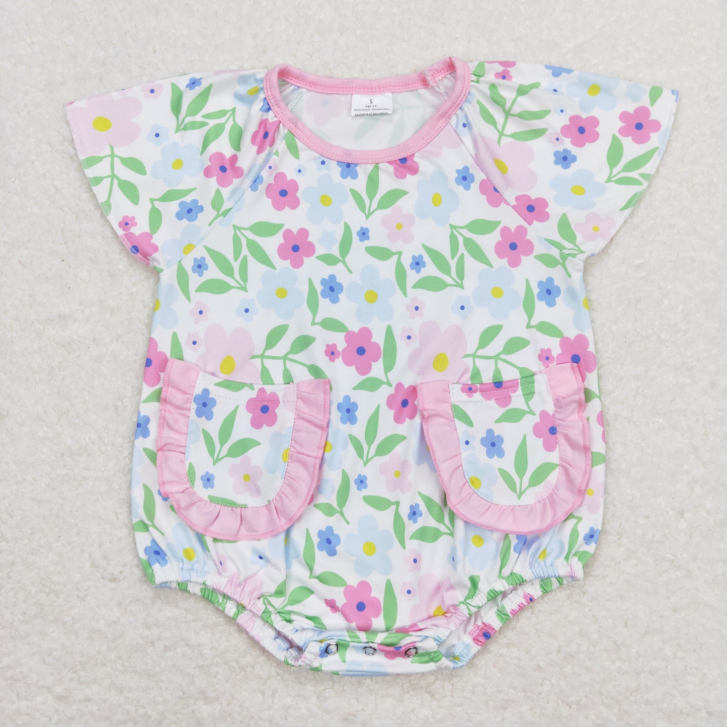 SR1129 Flowers Print Pockets Baby Girls Summer Romper