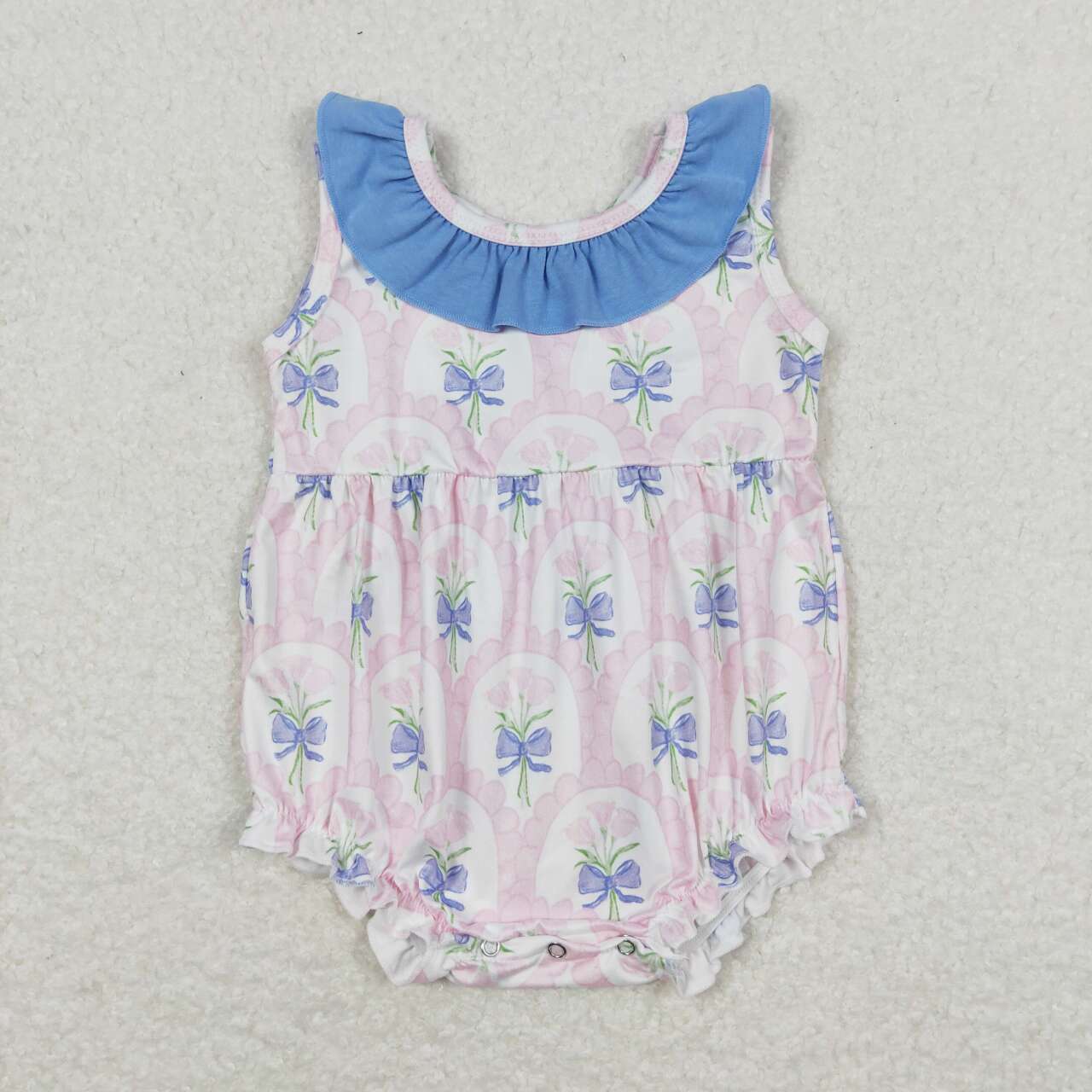 SR1181 Pink Flowers Bows Print Baby Girls Summer Romper