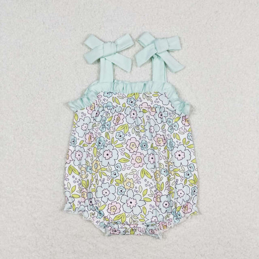 SR1456  Blue Flowers Print Baby Girls Summer Strap Romper