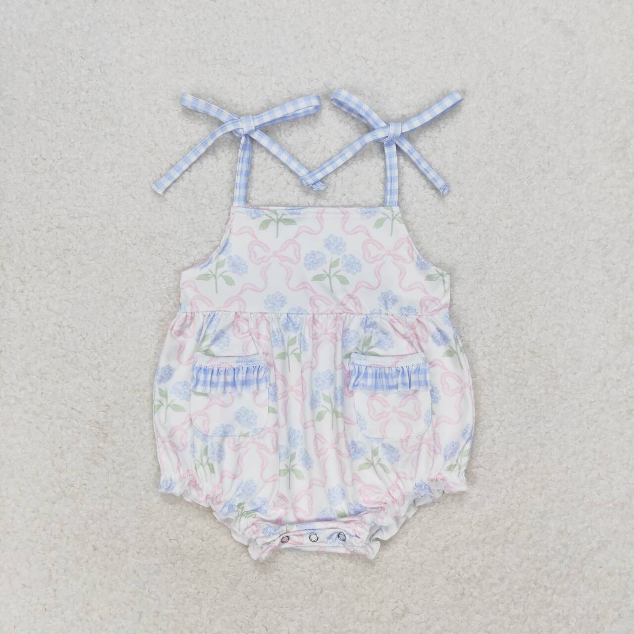 SR1482  Blue Flowers Print Pockets Baby Girls Summer Strap Romper