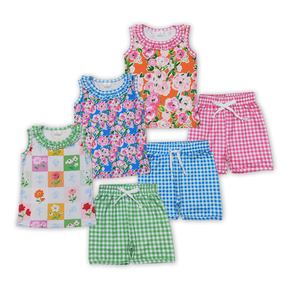 Flowers Print Tank Top Plaid Shorts Girls Summer Clothes Sisters Wear