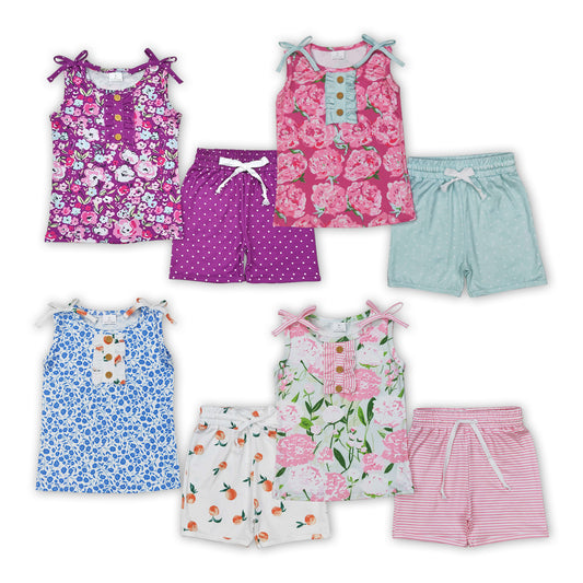 Flowers Tank Top Shorts Girls Summer Clothes Set Sisters Wear