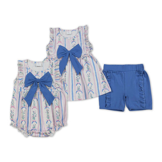 Flowers Stripes Print Girls Summer Clothes Sisters Matching Wear