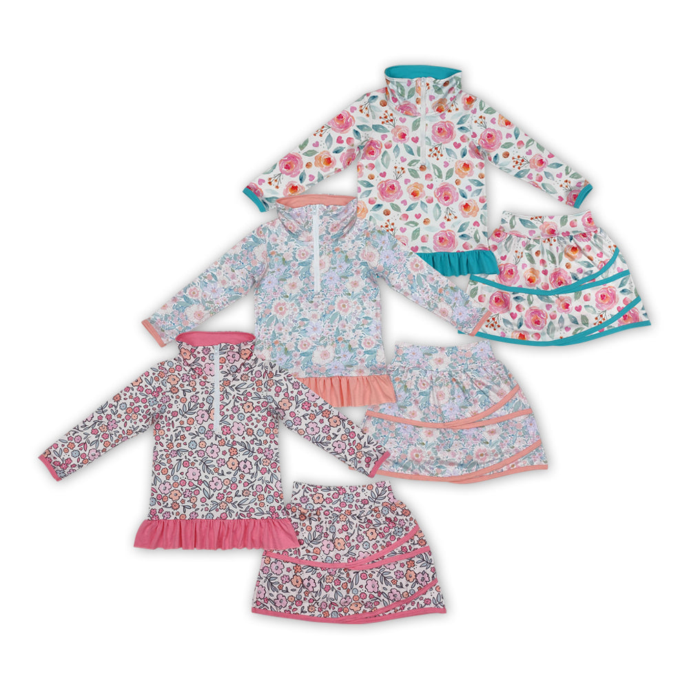 Flowers Long Sleeve Zip Top Skirts Shorts Girls Clothes Set Sisters Wear