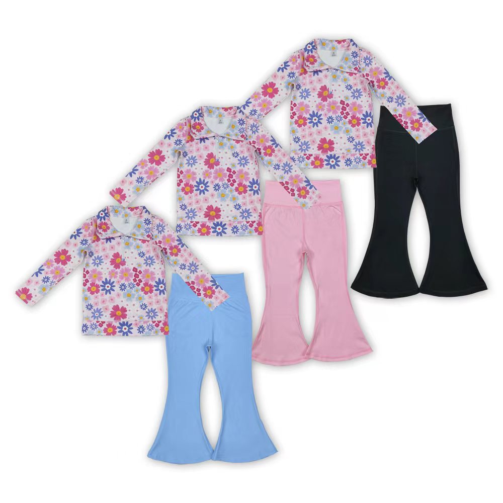 Flowers Zipper Top Bell Pants Girls Yoga Clothes Set Sisters Wear