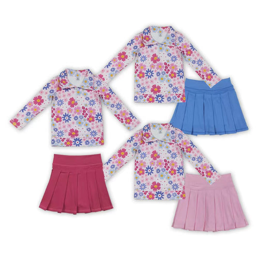Flowers Zipper Top Skirts Shorts Girls Yoga Clothes Set Sisters Wear