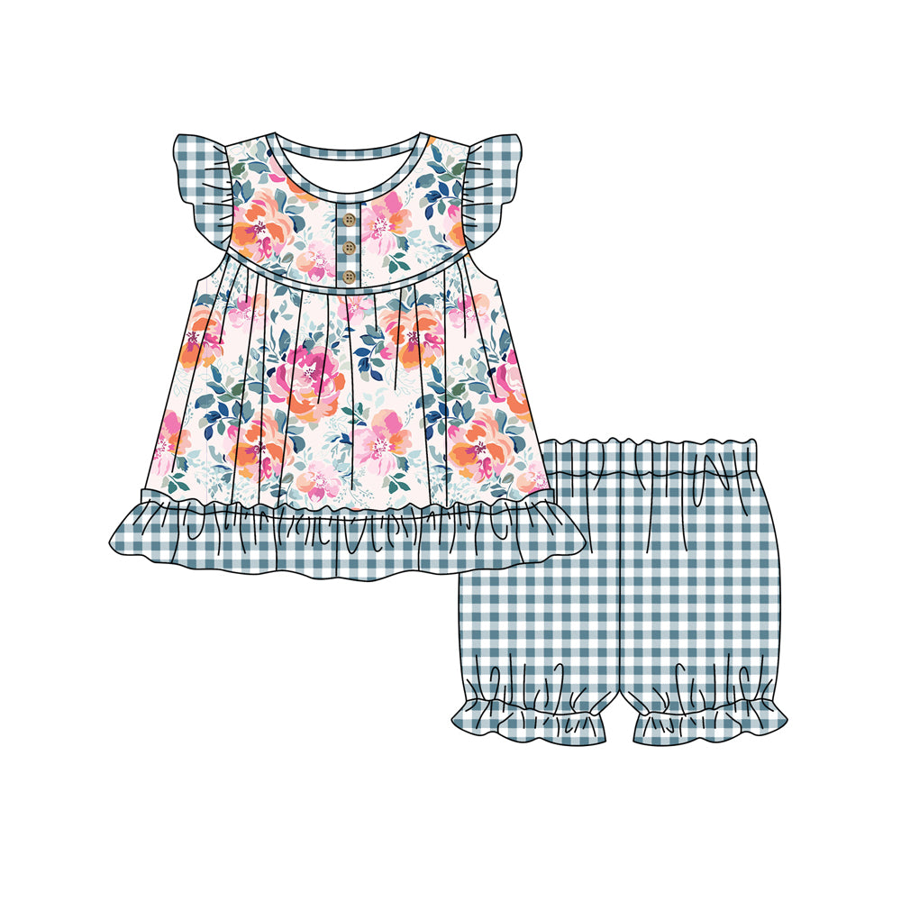 (Custom Design Preorder MOQ 5)  Flowers Print Girls Summer Clothes Set