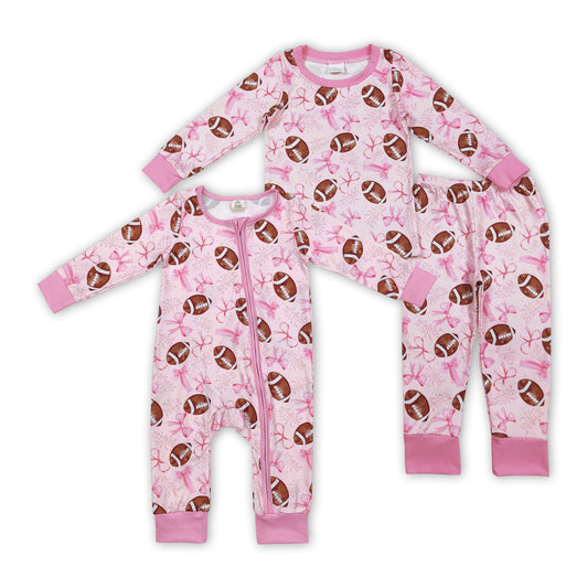 Football Pink Bows Print Girls Pajamas Matching Clothes