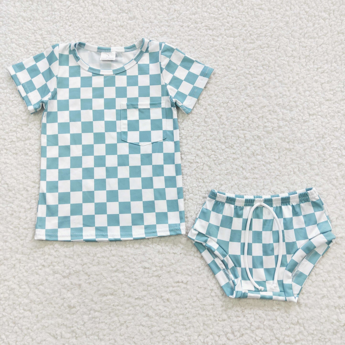 2 Colors Plaid Print Pocket Baby Boys Summer Bummie Set Sibling Wear