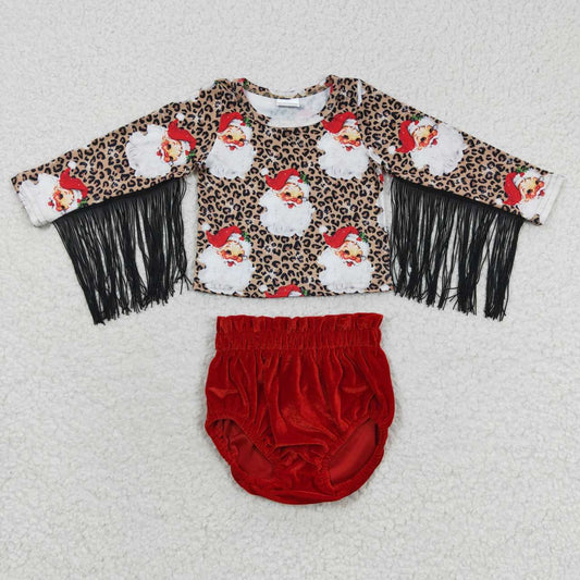 GBO0153 Girls long sleeve Santa leopard print tassels top red Velvet Christmas bummie set