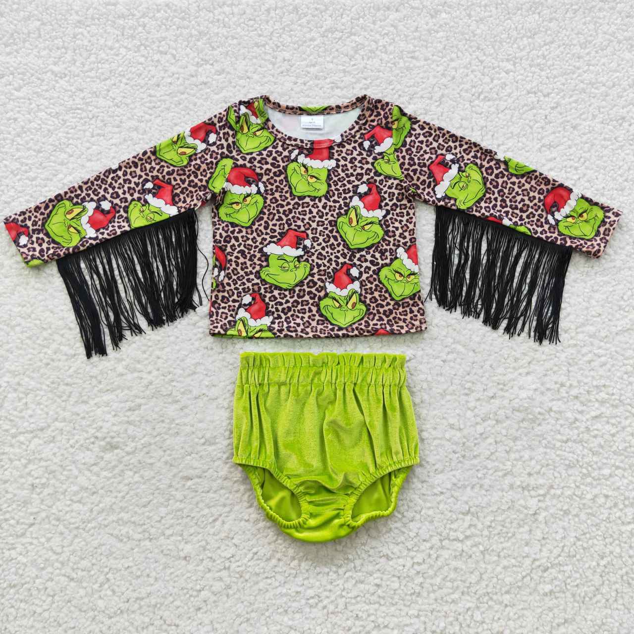 GBO0154 Girls long sleeve Christmas frog leopard print tassels top green velvet bummie set