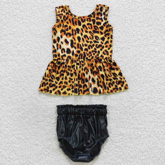 GBO0164 Leopard top black leather shorts baby girls bummie set