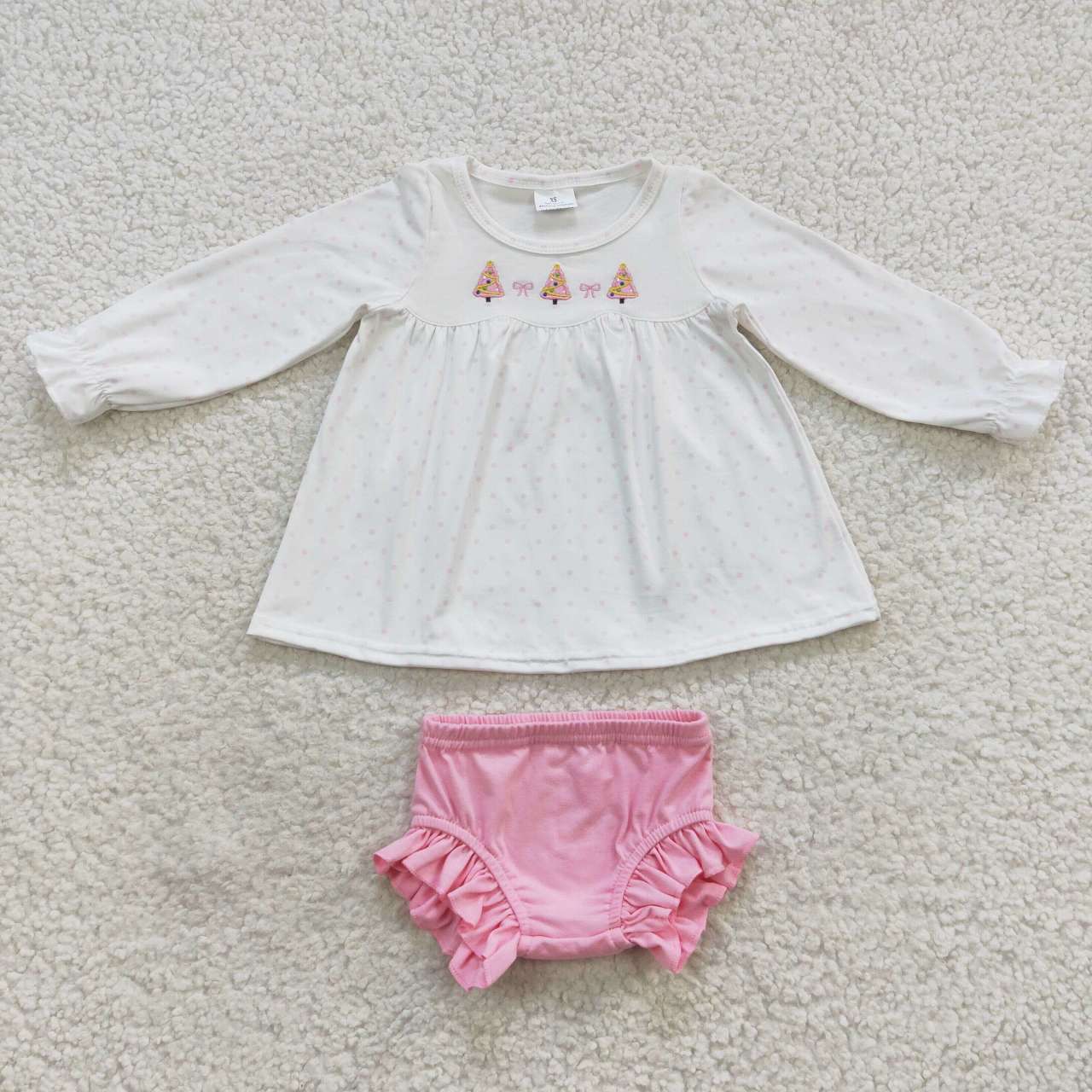 GBO0165 White pink Christmas tree embroidery print tunic top pink shorts baby girls bummie set