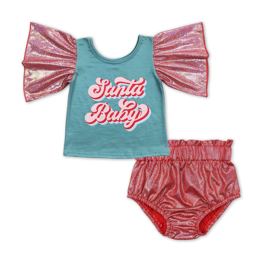 GBO0181 Santa Baby Print Pink Ruffle Baby Girls Christmas Bummie Set