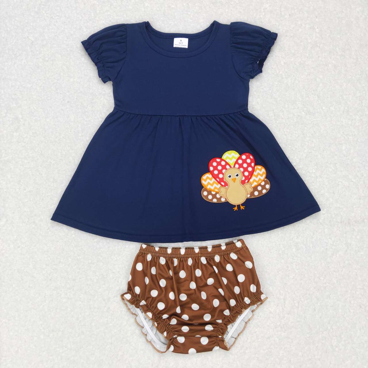 GBO0183 Turkey embroidery navy tunic top dots shorts baby girls Thanksgiving bummie sets