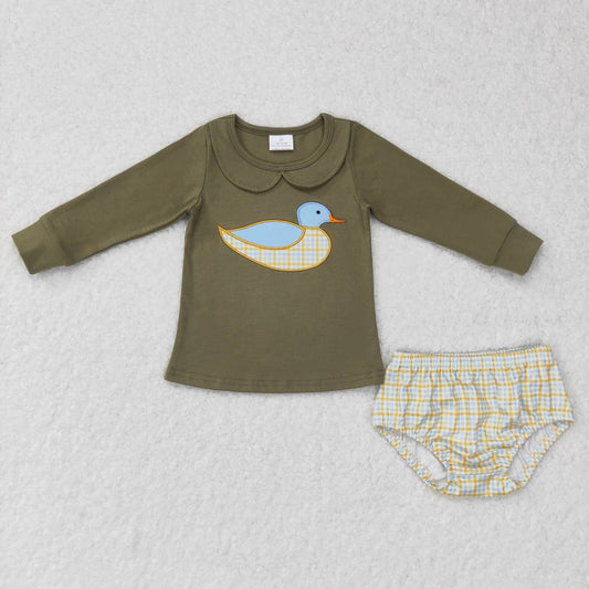 GBO0186 Green duck embroidery top plaid bummie shorts baby girls clothes set