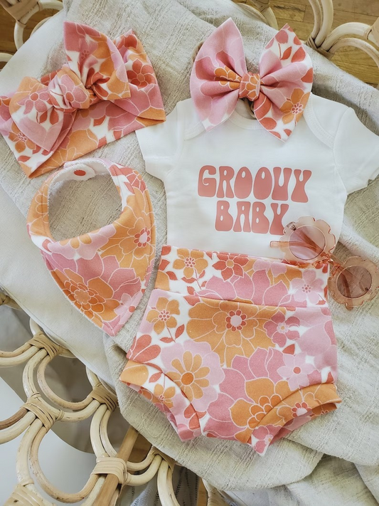 (Pre-order)GBO0190 Groovy Baby top flowers shorts baby girls bummie set