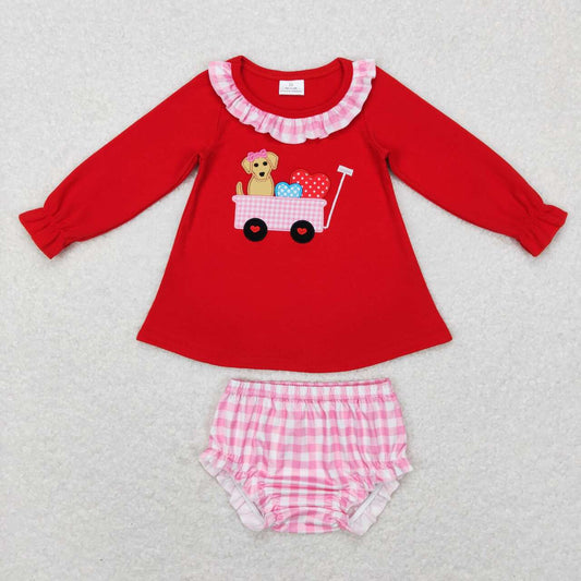 GBO0191 Red Dog Heart Embroidery Top Plaid Shorts Baby Girls Valentine's Bummie Set