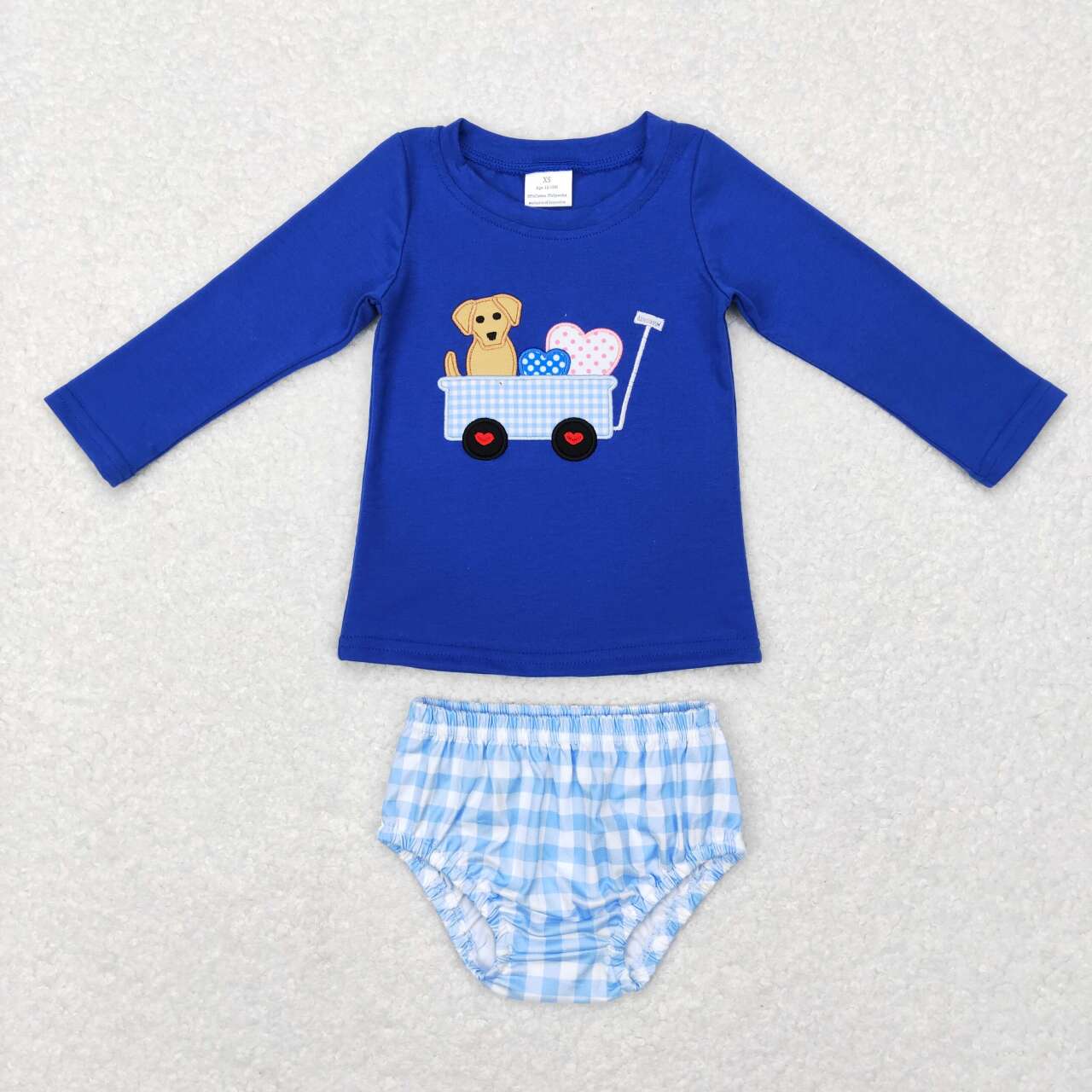 GBO0192 Blue Dog Heart Embroidery Print Plaid Shorts Baby Boys Valentine's Bummie Set