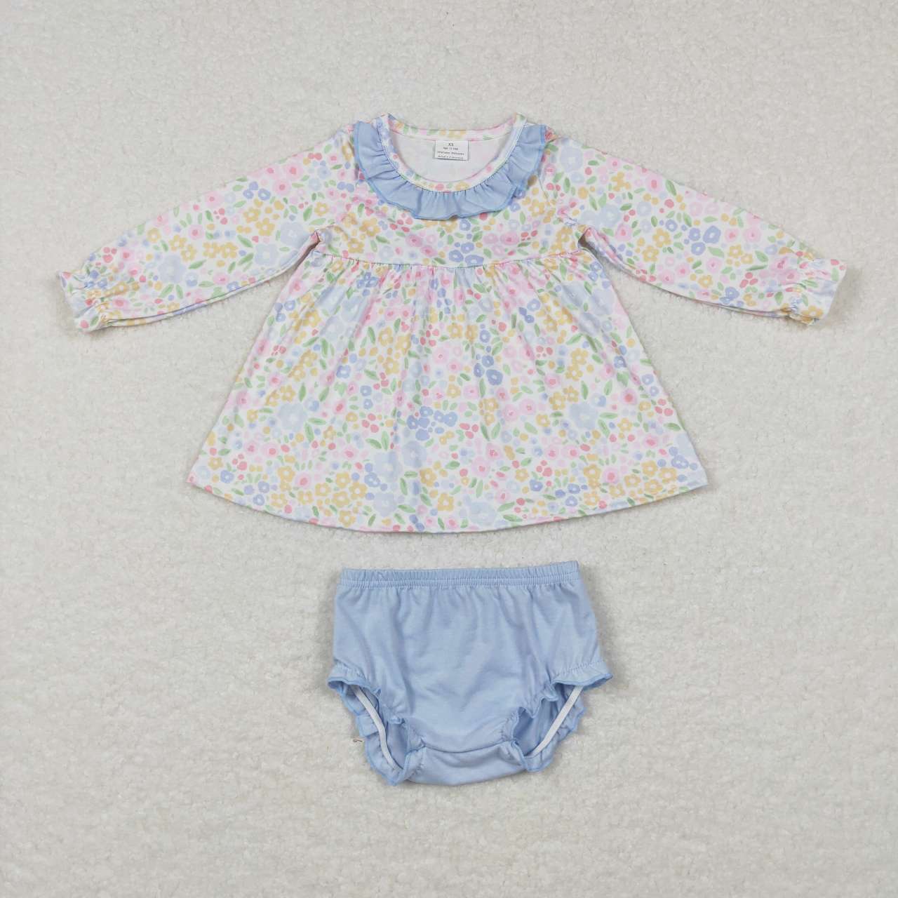 GBO0193 Flowers Tunic Top Light Blue Shorts Girls Bummie Set