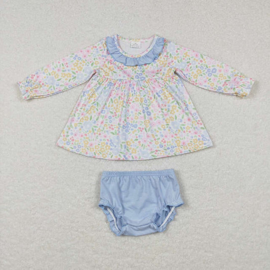 GBO0193 Flowers Tunic Top Light Blue Shorts Girls Bummie Set