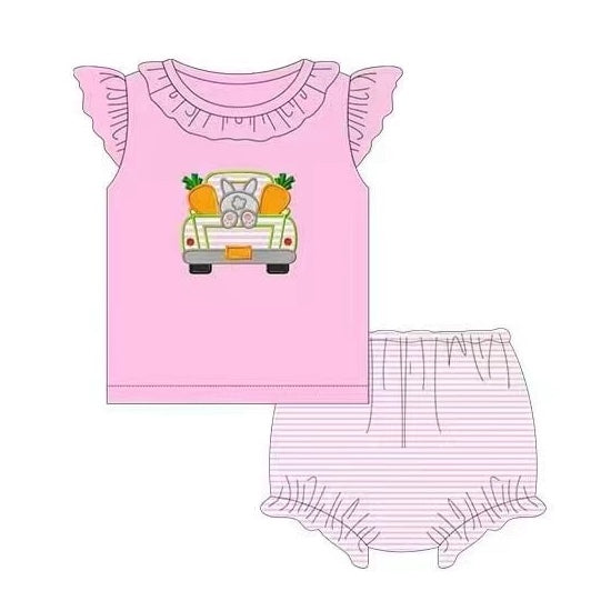 (Pre-order)GBO0200 Pink Bunny Truck Carrot Baby Girls Easter Bummie Set